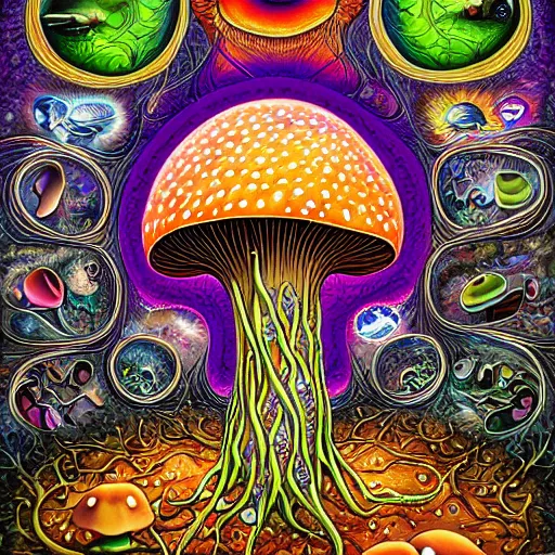 Prompt: mushroom of life painting by aaron brooks, chris dyer, android jones, and alex grey, highly detailed, high quality, high definition, 8k photo