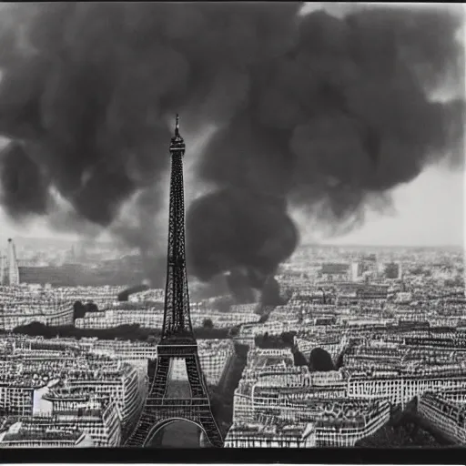 Image similar to extensive smoke rising from the top of the eiffel tower, aerial view, several police cars and crowds running across the ground, polaroid, 6 0's, hyperrealism, no blur, 4 k resolution, ultra detailed