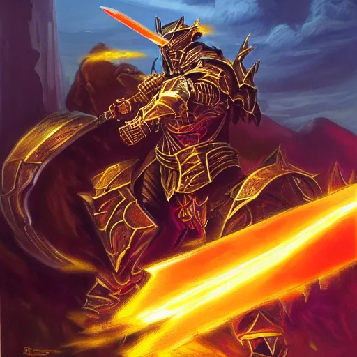 Image similar to A highly detailed matte acrylic painting of a heavily armored paladin wielding a very bright glowing gold sword, fighting in a huge battle at dusk.