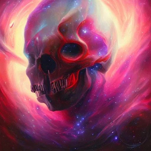 Image similar to the flow of the nebula universe is what forms the ancient preist skull, by ross tran, oil on canvas