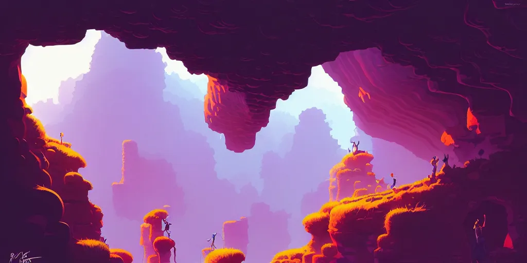 Image similar to deep natural cave wall, dynamic light, illustration by josan gonzales and moebius, rhads, syd mead, dan mumford, clean thick line, comics style,