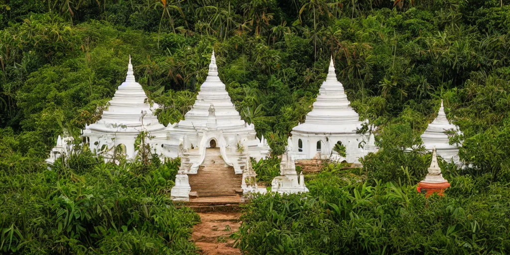 Prompt: abandoned sri lankan temple with white stupa, overgrown greenery, photography, evening sunset