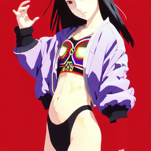 Image similar to a beautiful japanese natalie portman gravure model, wearing oversized native designer bomber jacket and leotard, bulky poofy bomber jacket with mesoamerican patterns, mesoamerican native street fashion, gapmoe yandere grimdark, trending on pixiv fanbox, painted by greg rutkowski makoto shinkai takashi takeuchi studio ghibli, akihiko yoshida