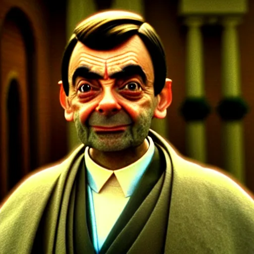 Prompt: mr. bean as obi wan kenobi from star wars. movie still. cinematic lighting.