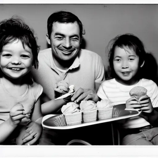 Image similar to happy family enjoying ice cream, clandestine, film grain, specular highlights, 3 5 mm lens, government archive photograph