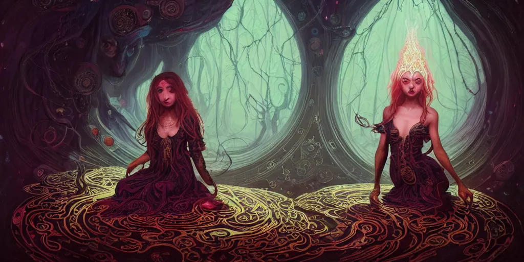 Image similar to wide shot picture of a maximalist dress witch sitting on the floor and researching about the azathoth, extremely beautiful and aesthetic and detailed cute face and eyes, very huge magic circles on hand, with familiar sprites, in the magic room, chiaroscuro, intricate, masterpiece, fantasy illustrations by anato finnstark and jeremy lipking and peter mohrbacher