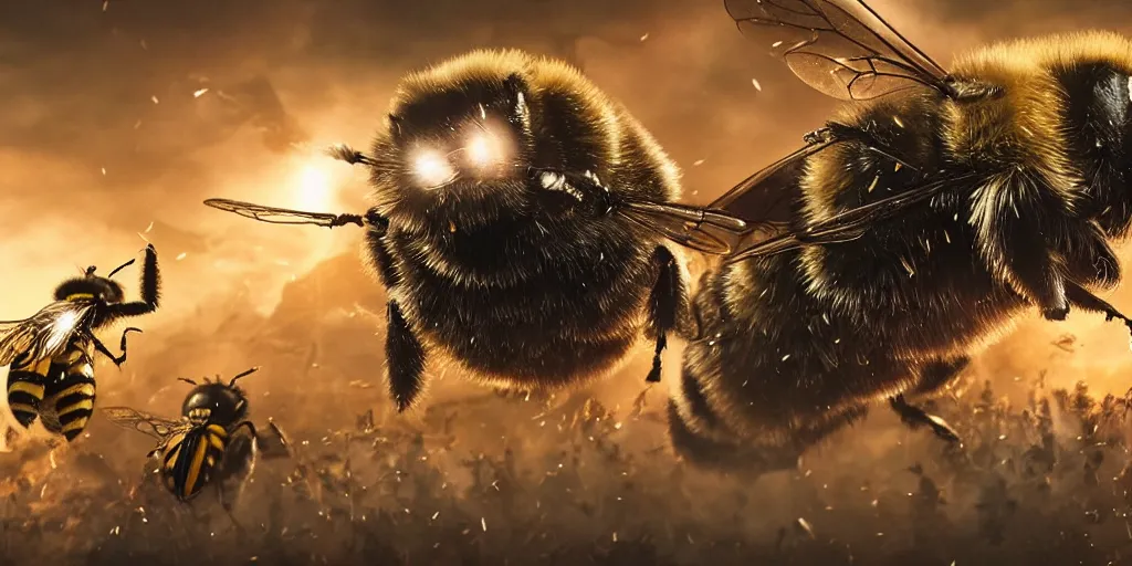 Image similar to Bumblebees going to war , realistic 4k octane beautifully detailed render, 4k post-processing, highly detailed, intricate complexity, epic composition, magical atmosphere, cinematic lighting, masterpiece, ultra hd