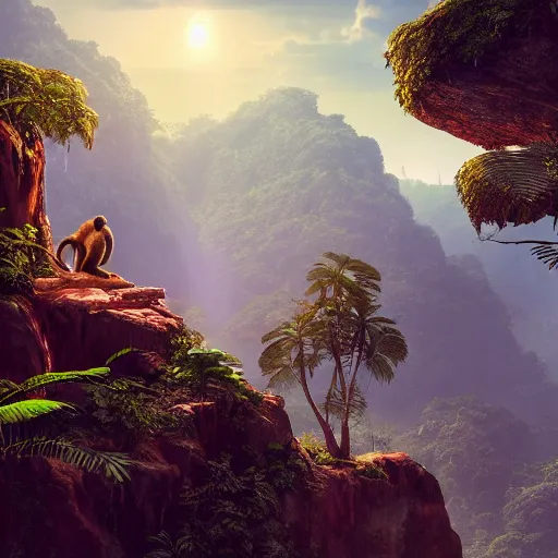 Prompt: monkey in jungle, beautiful dynamic lighting, cinematic, wide angle establishing shot, extremely high detail, photo realistic, cinematic lighting, post processed, concept art, artstation, matte painting, style by frederic church, raphael lacoste, unreal engine 8k