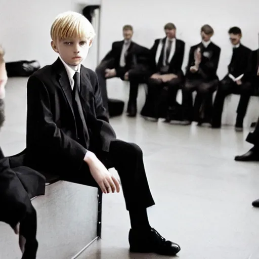 Prompt: a medium shot photograph of a blonde boy wearing black suits, sitting in the middle of a hall which fills with mafia men, looking at the adult men kneeing before him kissing his hand, 2000s, italy.