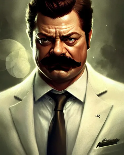 Image similar to gigachad luigi fighting like ron swanson in a white suit, fantasy character portrait, ultra realistic, concept art, intricate details, highly detailed by greg rutkowski, ilya kuvshinov, gaston bussiere, craig mullins, simon bisley