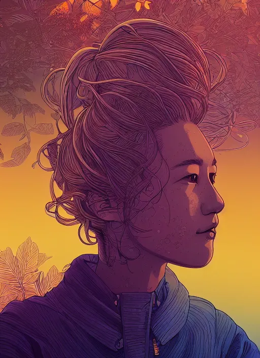 Image similar to a beautiful detailed line art illustration of marin kitagawa, centered, by dan mumford and moebius and beeple, trending on artstation, pastel color, dim dusk lighting, cinematic lighting, detailed lighting, volumetric lighting, realistic, f 8, 4 k hd wallpaper, poster, yellow and orange color scheme