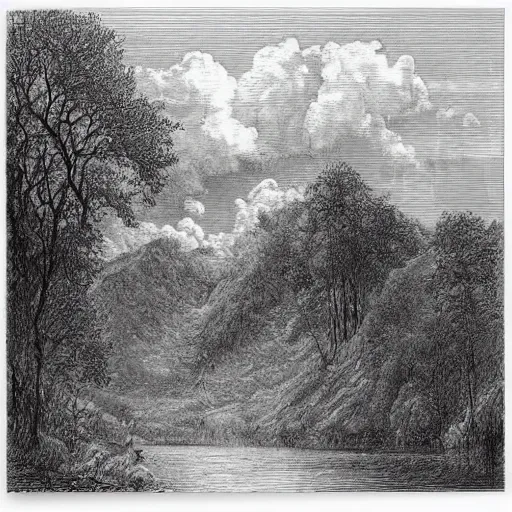 Prompt: Drawing of the Rhein, forest, high detail, clouds, realistic, illustration by Gustave Doré
