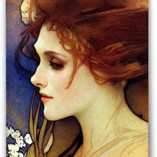 Image similar to woman's sideface, beautiful background, by alfons maria mucha, highly detailded