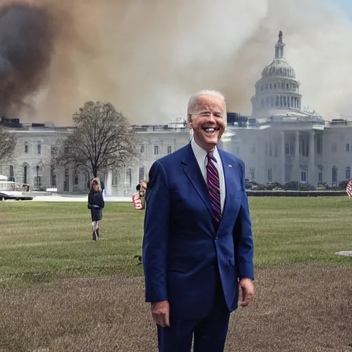 Prompt: Photograph of Joe Biden smiling with burning whitehouse in the background