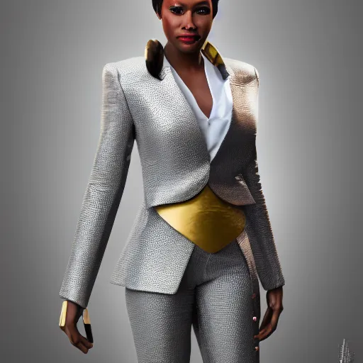 Prompt: professional portrait photo of a humanoid african american, digital - art woman with a suit super hero, very sharp and detailed, octane render