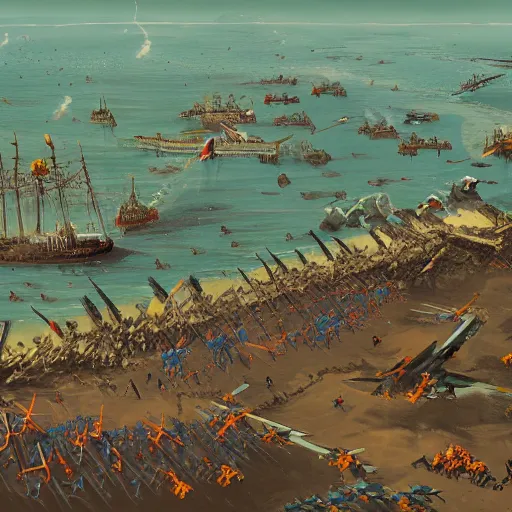 Prompt: birds eye view battle of cape ecnomus, in the style of simon stalenhag