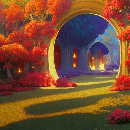 Image similar to a portal to another world glowing!!! with colorful kaleidoscopic light magic. detailed. rule of thirds. intricate. sharp focus. wide angle. unreal engine 8 k. painting by maxfield parrish. wlop. greg rutkowski.