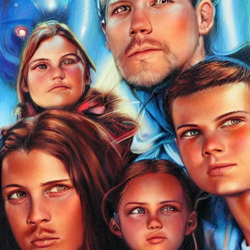 Image similar to 4 siblings standing together, 3 male 1 female, airbrush art, drew struzan illustration art, key art, portrait