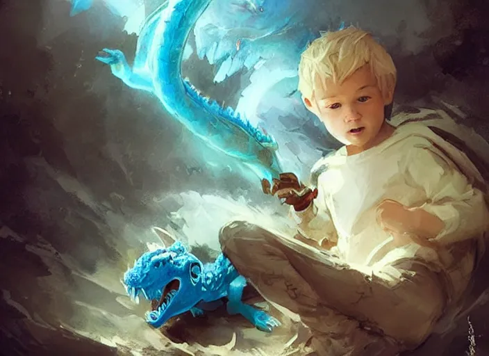 Image similar to a cute little boy with tousled blonde hair and blue eyes holds a blue baby dragon, beautiful fantasy art by greg rutkowski.