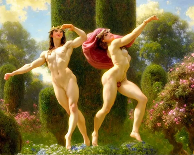 Image similar to muscular athena and muscular goddess frolic in a meadow of beautiful flowers, large topiary and marble pillars in the background, painting by gaston bussiere, craig mullins, j. c. leyendecker, tom of finland