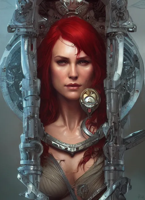 Image similar to symmetry!! red sonja, machine parts embedded into face, intricate, elegant, highly detailed, digital painting, artstation, concept art, smooth, sharp focus, illustration, art by artgerm and greg rutkowski and alphonse mucha, 8 k