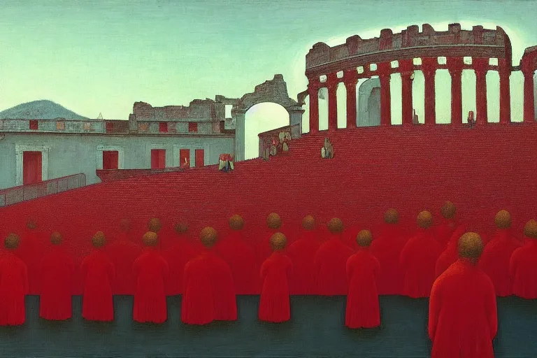 Image similar to only with red, a red great emperor, taormina amphitheatre, crowd with big smile, in the style of beksinski, parts by edward hopper, parts by rodcenko, parts by yue minjun, intricate and epic composition, red by caravaggio, insanely quality, highly detailed, masterpiece, red light, artstation, 4 k