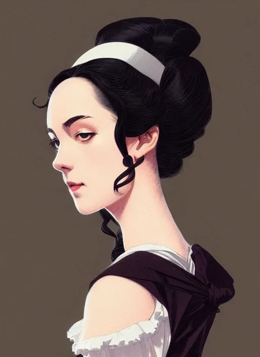 Image similar to 3 / 4 view of a portrait of woman in victorian clothing, confident pose, intricate, elegant, sharp focus, illustration, highly detailed, concept art, matte, trending on artstation, anime, art by james jean and artgerm and brian despain, ilya kuvshinov, strong strokes,