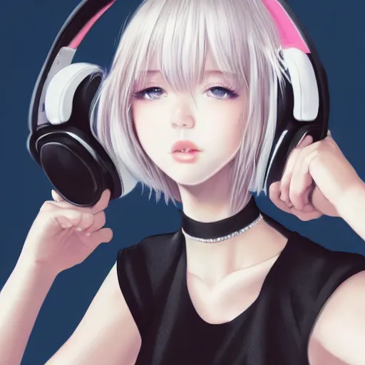 Image similar to realistic teasing detailed semirealism beautiful gorgeous cute Blackpink Lalisa Manoban white hair white cat ears blue eyes, wearing black camisole outfit, headphones, black leather choker full HD 4K high resolution quality WLOP, Aztodio, Taejune Kim, Guweiz, Pixiv, Instagram, Artstation