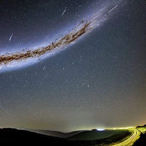 Prompt: beautiful landscape at night with andromeda galaxy clearly visible in the sky, highly detailed, sharp focus