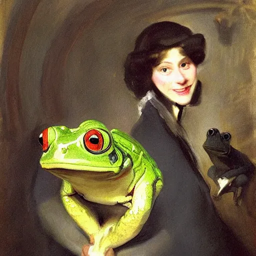 Image similar to a painting of a smiling lady with her giant pet frog, by john singer sargent,