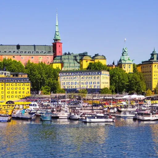 Prompt: beautiful summer day in idyllic Stockholm city, warm, sunny, landscape, 8k