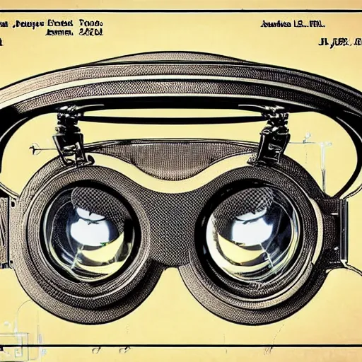 Prompt: a patent drawing of an intricate detailed vr headset from the future, extremely detailed alien technology vr!!! headset, with arrows and side angels