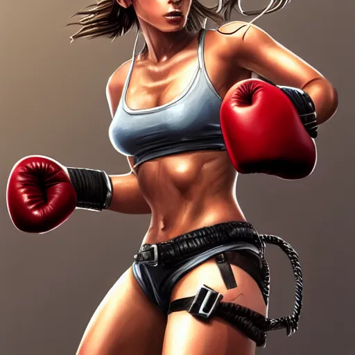 Image similar to Portrait of Tomb Raider wearing boxing gloves, intricate upper body , whole body, highly detailed, digital painting, artstation, concept art, smooth, sharp focus, illustration, art by Hajime Sorayama