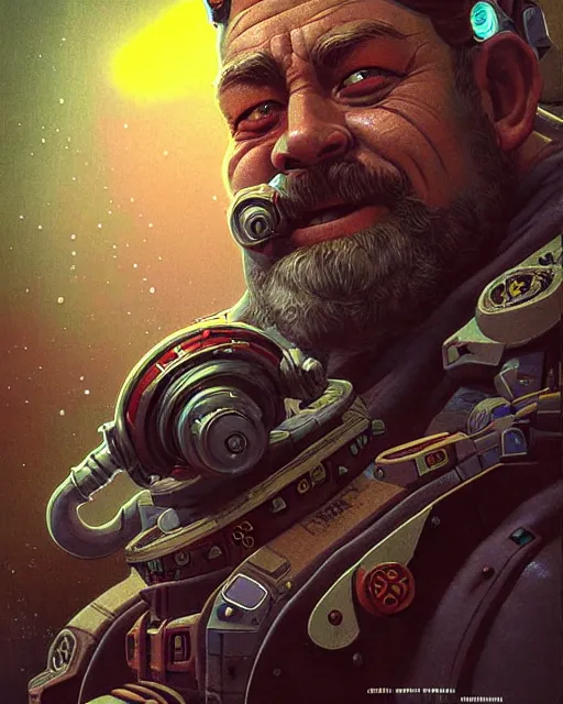 Image similar to torbjorn from overwatch, character portrait, portrait, close up, concept art, intricate details, highly detailed, vintage sci - fi poster, retro future, vintage sci - fi art, in the style of chris foss, rodger dean, moebius, michael whelan, and gustave dore