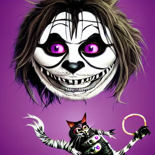 Image similar to graphic illustration, creative design, cheshire cat as alice cooper, biopunk, francis bacon, highly detailed, hunter s thompson, concept art