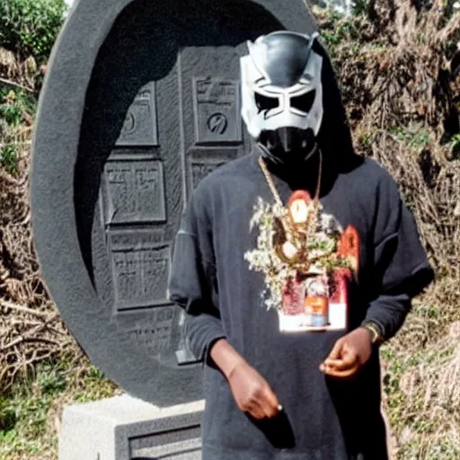 Image similar to rapper MF DOOM standing next to a hollowed out grave and coffin