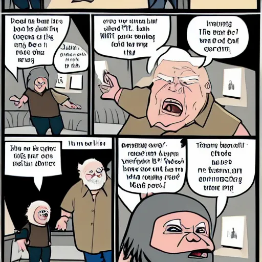 Image similar to george rr martin in a cartoon strip talking to a screaming chucky doll