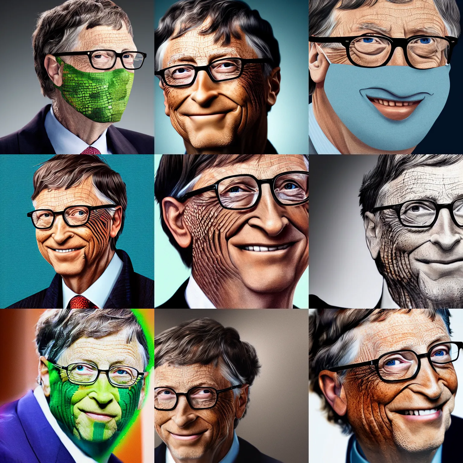 Prompt: a portrait of bill gates wearing a very tight reptile skin mask on his entire face
