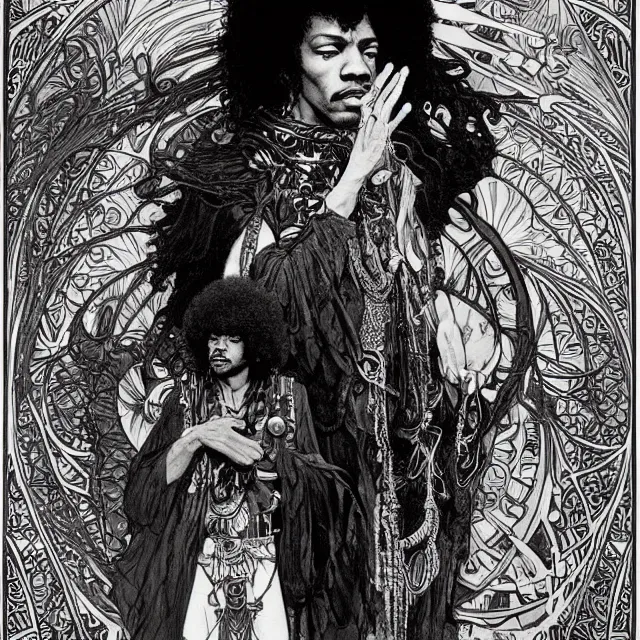 Image similar to artwork by Franklin Booth and Alphonse Mucha showing a portrait of Jimi Hendrix as a futuristic space shaman, Jimi Hendrix as a futuristic space shaman by Moebius