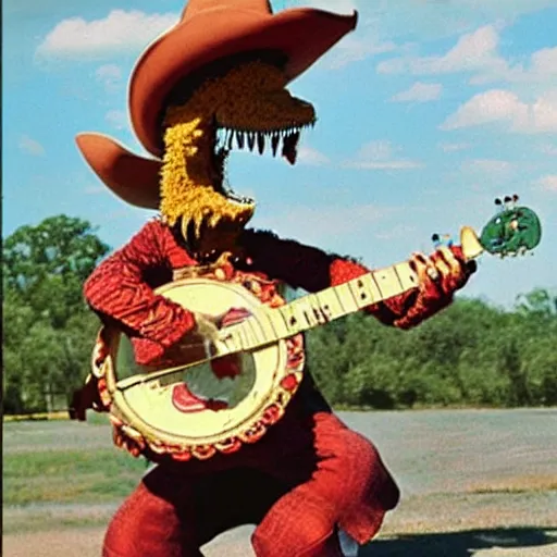 Prompt: an alligator playing a banjo and wearing a cowboy hat, vintage Disney