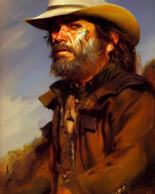 Prompt: portrait of a rugged bandit, western oil painting, thomas moran, artstation