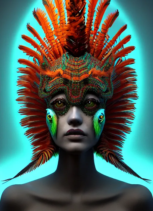 Image similar to 3 d mexican goddess medium shot portrait. beautiful intricate highly detailed quetzalcoatl helm and feathers. low - key lighting, bioluminescent, plasma, lava, ice, water, wind, stingray, magpie, creature, artwork by tooth wu and wlop and beeple and helmut newton, 8 k trending on artstation,