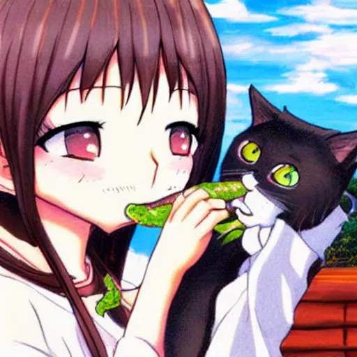Prompt: cute girl eating a cat in anime style