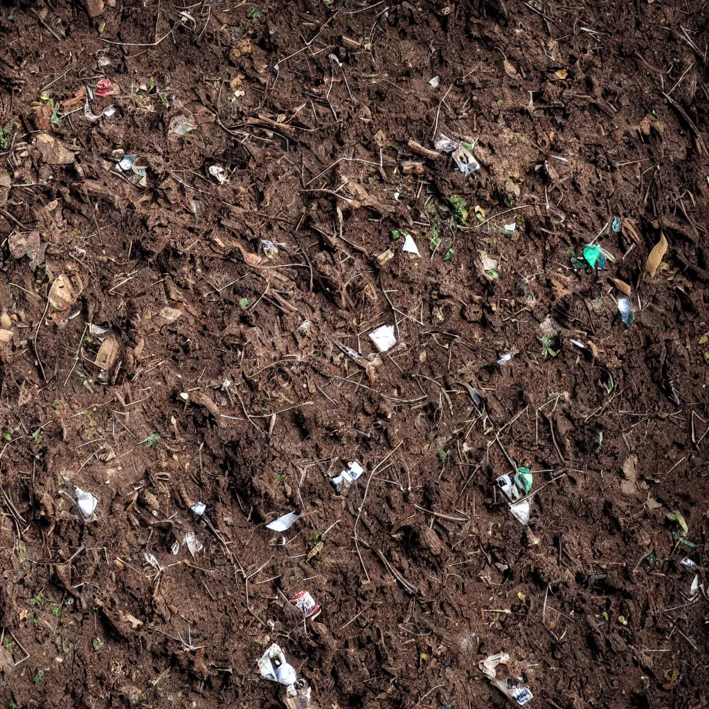 Prompt: a high camera topdown picture of nightmare horror dirt with trash, bricks, giant thick tree roots and many muddy dark faces rising from the ground. dark.