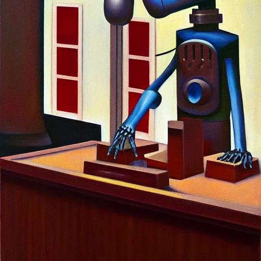 Image similar to robot judge, guards, chambers, brutalist, dystopian, pj crook, edward hopper, oil on canvas