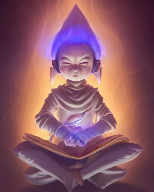 Image similar to a tiny cute demon meditating, wrapped in sacred parchment with glowing text, smooth, intricate, elegant, digital painting, artstation, power runes, pulsing energy, concept art, sharp focus, octane render, illustration, art by shintaro kago and james jean, overwatch character,