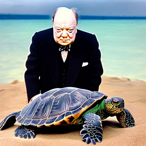 Prompt: An astonished agape Winston Churchill discovers the first turtle ever in Galapagos, national geographic, BBC, XF IQ4, f/3.2, ISO 200, 1/160s, 8K, RAW, unedited, face retouched, AI enhanced