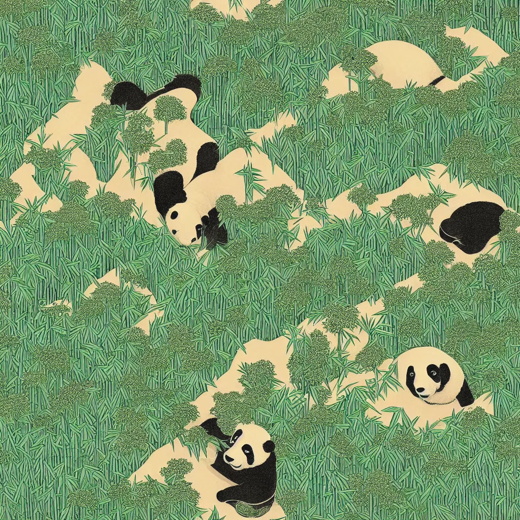 Image similar to isometric view illustration of a bamboo forest and panda, highly detailed mid day by victo ngai
