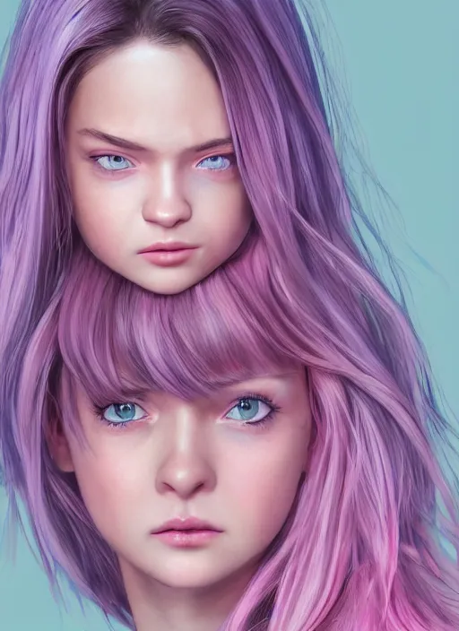 Prompt: highly detailed concept art for the main character in the award winning film named life is better in pink. the character is a unnaturally beautiful teenage girl with deep dark blue eyes, slight cute smile, eyebrows and long curled pink dyed hair, wearing light pink clothes. realistic cg render, anatomically correct, high key lighting, trending on art station, vibrant colors.