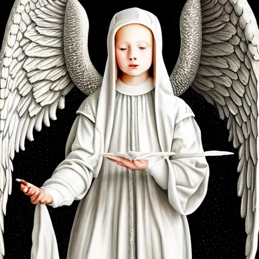 Image similar to highdetailed hyperrealistic painting of white angel!!! no gender smiling noface!!!, light instead of hands, white sparkles everywhere, 4 k hd face!!!, big silver high detailed wings!!!, renaissance, by jan van eyck, holography space, glow effect, large strokes, monochrome!!!!!